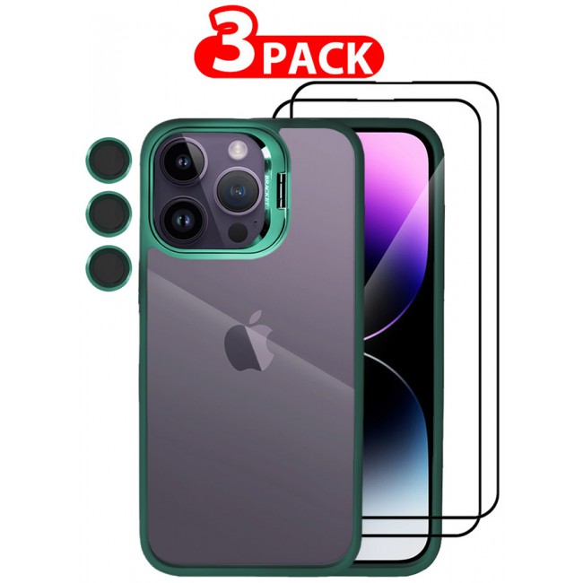 CATANES 3 Pack iPhone 14 Pro Case Cover and Lens Protector and 2 Screen Protectors Built-in Camera Stand and Compatible with MagSafe Full Body Shockproof Case Clear Green