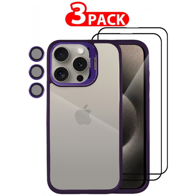 CATANES 3 Pack iPhone 15 Pro Case Cover and Lens Protector and 2 Screen Protectors Built-in Camera Stand and Compatible with MagSafe Full Body Shockproof Case Clear Purple