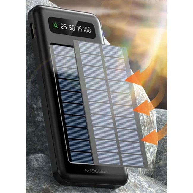 MARGOUN 10000mAh Solar Power Bank Big Capacity Phone Charging Powerbank with Cable External Battery Phone Fast Charger Black
