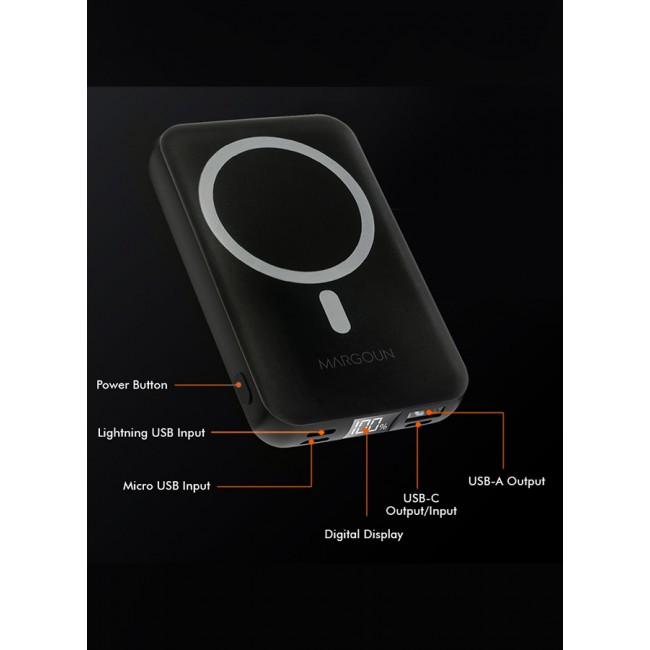 MARGOUN Magnetic Battery Pack 10000mAh Wireless Charging Power Bank with Cable Slim Light-Weight Wireless Charger with LED Indicator Black