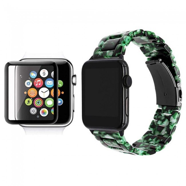 2Pack Apple Watch Band Resin Strap with 3D Screen Protector 44mm by Margoun - Marble Black Green