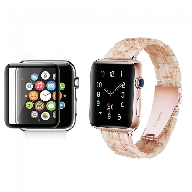 2Pack Apple Watch Band Resin Strap with 3D Screen Protector 44mm by Margoun - Marble White Brown