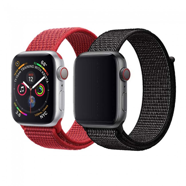 Apple Watch Band 42-44-45mm Fine Woven Nylon Sport Strap Henlein Series by Margoun - 2-Pack Black and Red