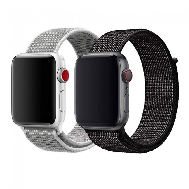 Apple Watch Band 42-44-45mm Fine Woven Nylon Sport Strap Henlein Series by Margoun - 2-Pack Silver and Black