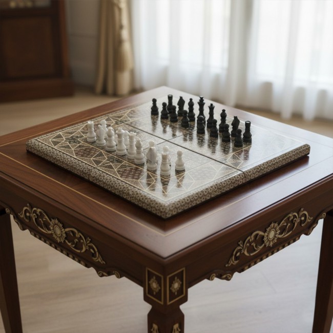 MARGOUN 2-in-1 Handmade Chess and Backgammon Board, Luxury Khatamkari Inlaid Wooden Game Set, Foldable Decorative Board Game 50 * 50 Cm With Suitcase-Style Case (A)