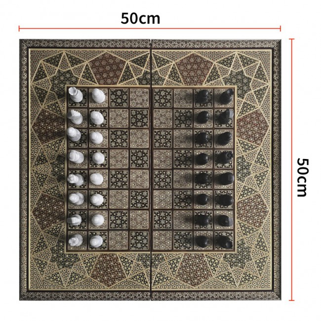 MARGOUN 2-in-1 Handmade Chess and Backgammon Board, Luxury Khatamkari Inlaid Wooden Game Set, Foldable Decorative Board Game 50 * 50 Cm With Suitcase-Style Case (A)