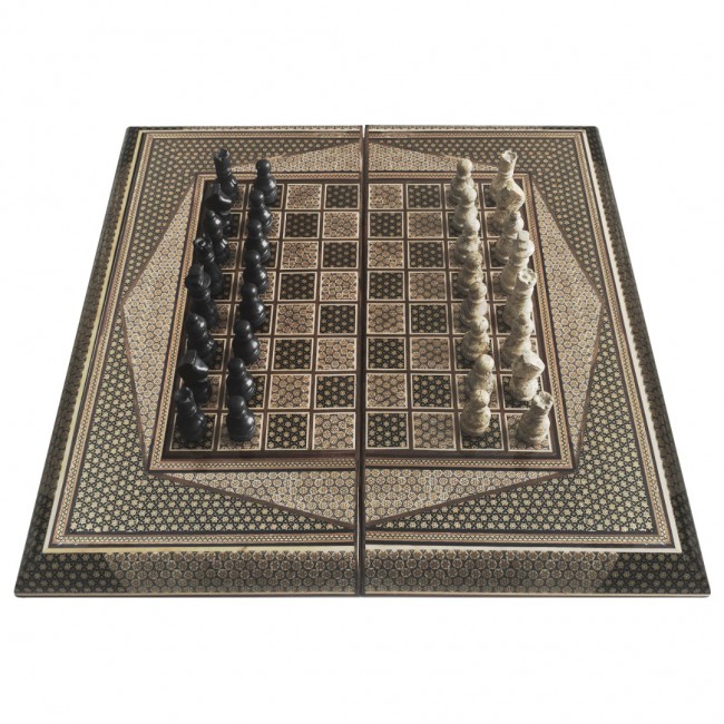 MARGOUN 2-in-1 Handmade Chess and Backgammon Board, Luxury Khatamkari Inlaid Wooden Game Set, Foldable Decorative Board Game 50 * 50 Cm With Suitcase-Style Case (C)