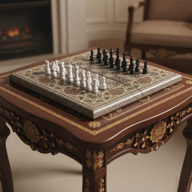 MARGOUN 2-in-1 Handmade Chess and Backgammon Board, Luxury Khatamkari Inlaid Wooden Game Set, Foldable Decorative Board Game 50 * 50 Cm With Suitcase-Style Case (B)