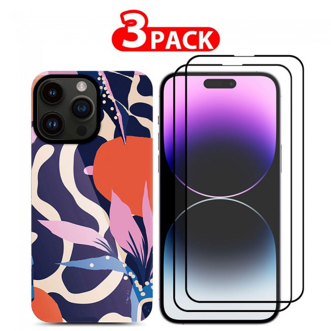 MARGOUN 3 Packs For iPhone 14 Pro Max Case and Screen Protectors Flower Graphic Hd Patterned Cover -B1