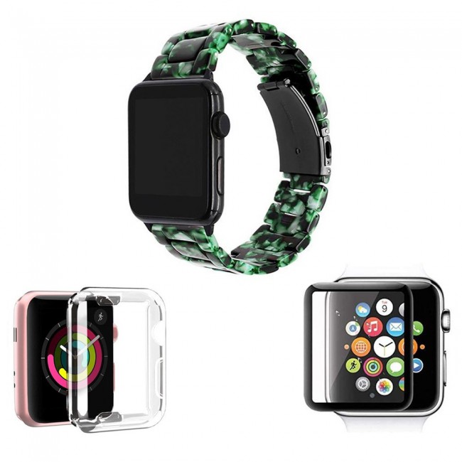 3Pack Apple Watch Band Resin Strap with TPU Protective Cover and 3D Screen Protector 44mm by Margoun - Marble Black Green