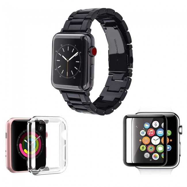 3Pack Apple Watch Band Resin Strap with TPU Protective Cover and 3D Screen Protector 44mm by Margoun - Black