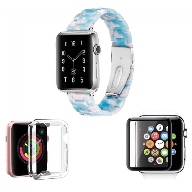 3Pack Apple Watch Band Resin Strap with TPU Protective Cover and 3D Screen Protector 44mm by Margoun - White Blue