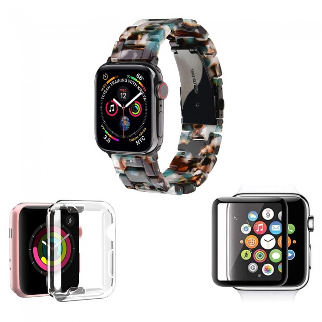 3Pack Apple Watch Band Resin Strap with TPU Protective Cover and 3D Screen Protector 44mm by Margoun - Marble White Brown