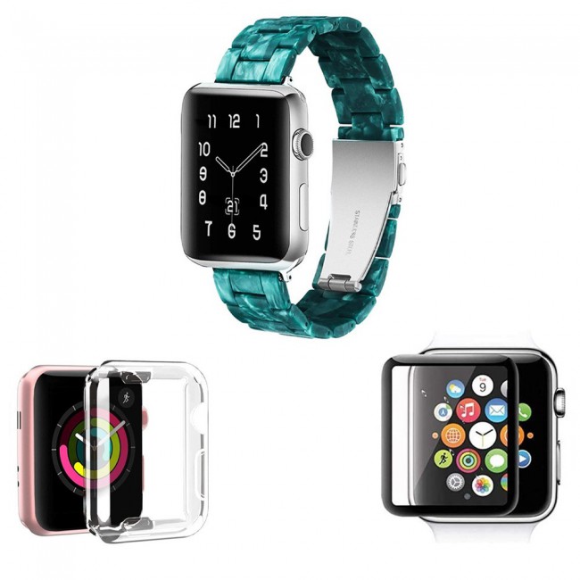 3Pack Apple Watch Band Resin Strap with TPU Protective Cover and 3D Screen Protector 44mm by Margoun - Marble Green
