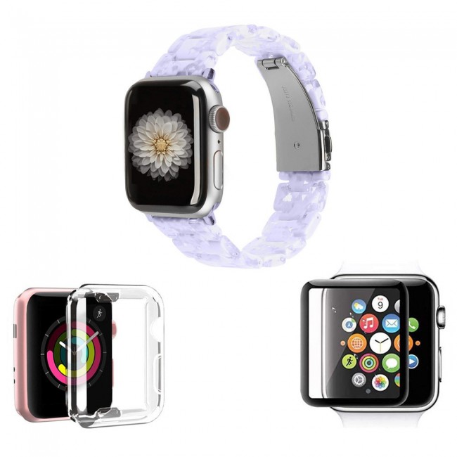 3Pack Apple Watch Band Resin Strap with TPU Protective Cover and 3D Screen Protector 44mm by Margoun - Marble Light Purple