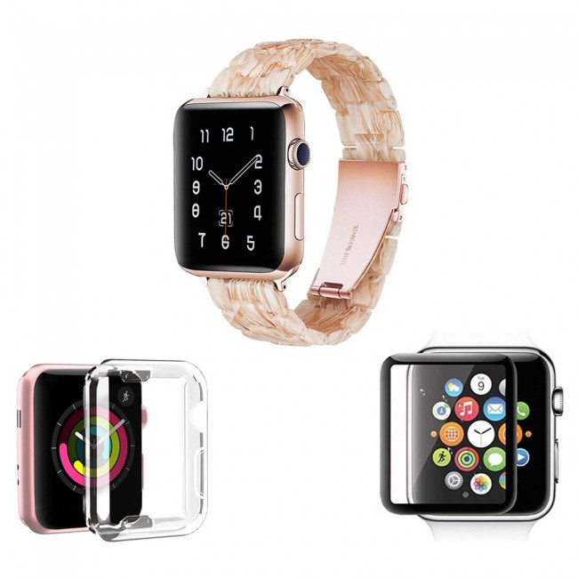 3Pack Apple Watch Band Resin Strap with TPU Protective Cover and 3D Screen Protector 44mm by Margoun - Marble White Brown