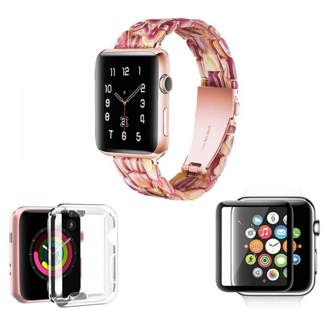 3Pack Apple Watch Band Resin Strap with TPU Protective Cover and 3D Screen Protector 44mm by Margoun - Multicolor Red