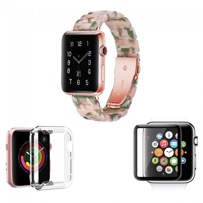 3Pack Apple Watch Band Resin Strap with TPU Protective Cover and 3D Screen Protector 44mm by Margoun - Marble Pink Green