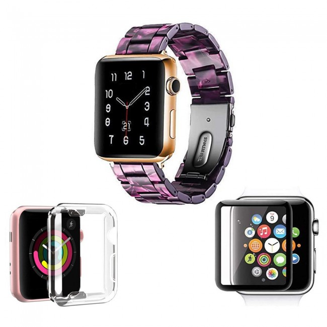 3Pack Apple Watch Band Resin Strap with TPU Protective Cover and 3D Screen Protector 44mm by Margoun - Marble Purple Black