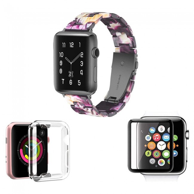 3Pack Apple Watch Band Resin Strap with TPU Protective Cover and 3D Screen Protector 44mm by Margoun - Purple Yellow Flower