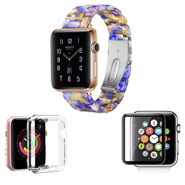 3Pack Apple Watch Band Resin Strap with TPU Protective Cover and 3D Screen Protector 44mm by Margoun - Marble Purple
