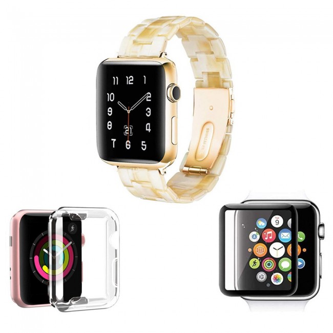 3Pack Apple Watch Band Resin Strap with TPU Protective Cover and 3D Screen Protector 44mm by Margoun - Marble White Yellow