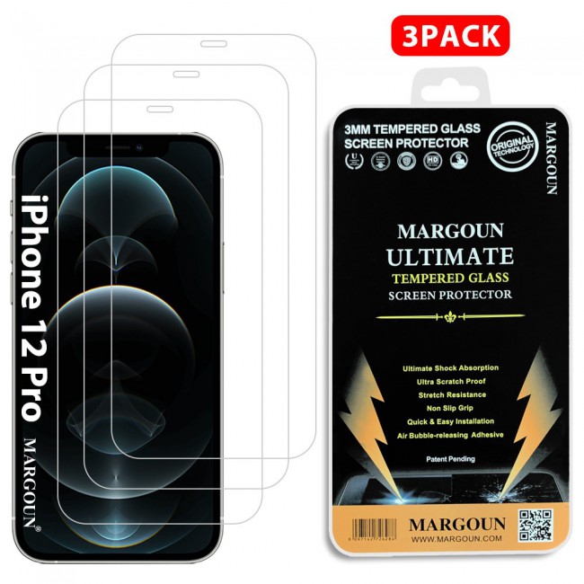3Pack Apple iPhone 12 and 12 Pro Tempered Glass Screen Protector Ultimate by Margoun - Clear