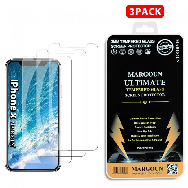 3Pack Apple iPhone X and XS Tempered Glass Screen Protector Ultimate by Margoun - Clear