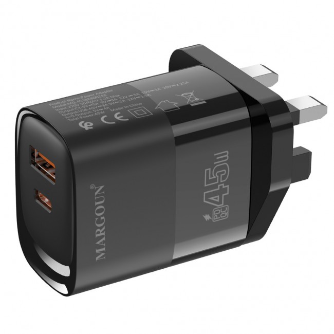 MARGOUN 45W Power Adapter Duo, Dual USB-C USB-A Ports, PD and QC Super Fast Charging, MG-4518XBEG003AE