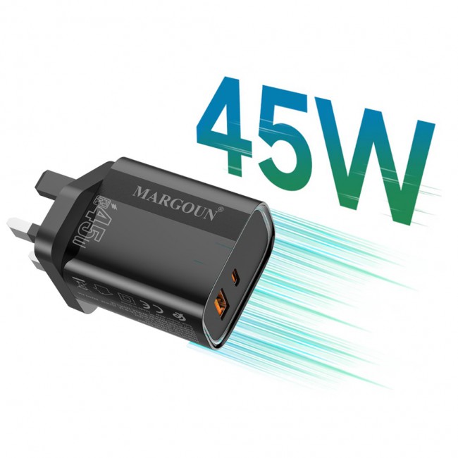 MARGOUN 45W Power Adapter Duo, Dual USB-C USB-A Ports, PD and QC Super Fast Charging, MG-4518XBEG001AE