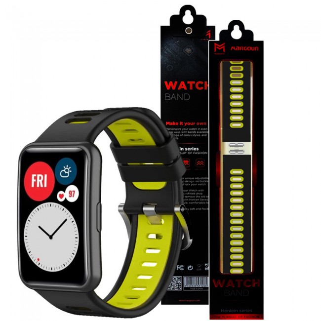 Huawei Watch Fit Silicone Strap Watchband Double Color Replacement Band Compatible with Huawei Fit Smart Watch Black/Neon Green