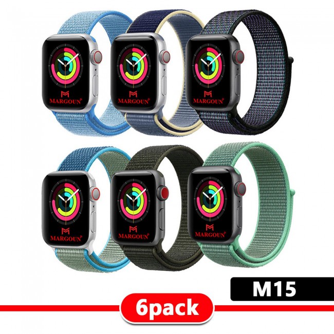 6Pack Apple Watch Band 42-44-45mm Nylon Sport Loop Strap Henlein Series by Margoun - M12 - M22