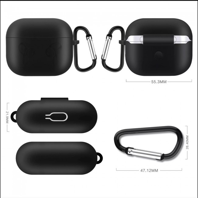 Airpods 3 Hang Silicone Case Cover with Carabiner and Logo - Black
