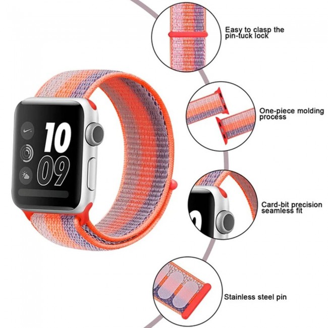 Apple Watch Band 42-44-45mm Nylon Sport Loop Strap Henlein Series by Margoun - Orange Blue Grey strip