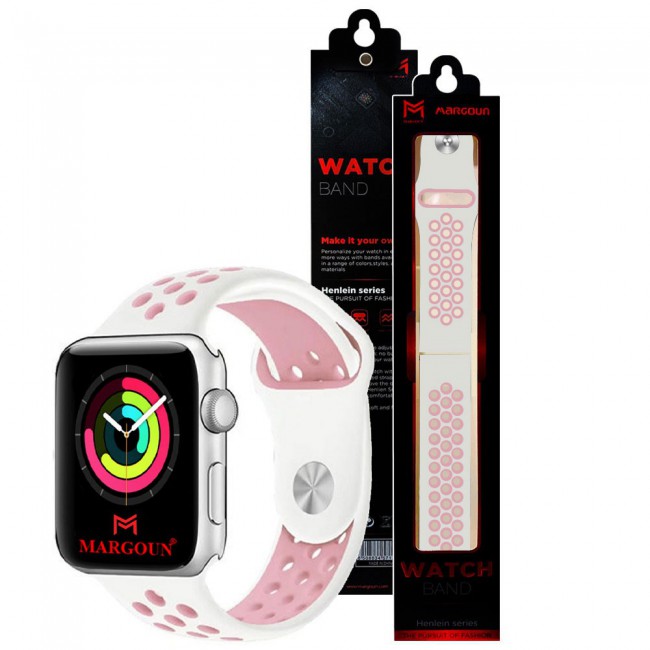 Pink apple watch with white sales band