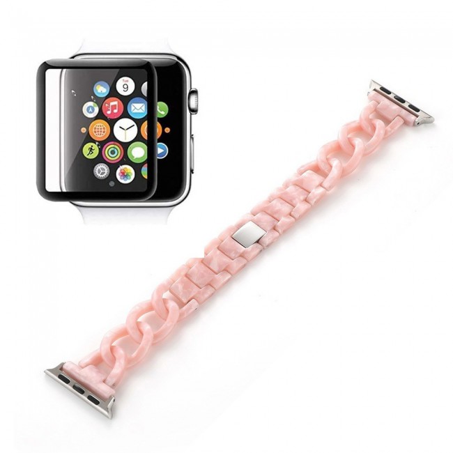 2Pack Apple Watch Band Chain Resin Design with 3D Screen Protector 44mm by Margoun – Marble Pink
