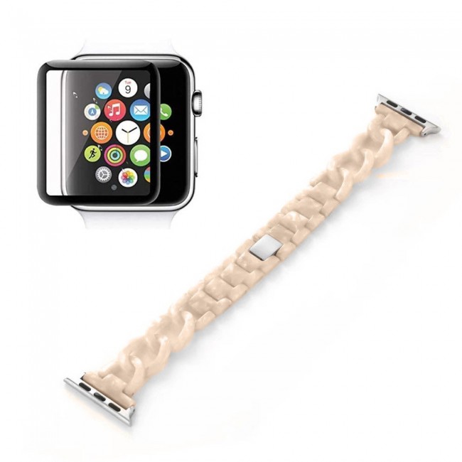 2Pack Apple Watch Band Chain Resin Design with 3D Screen Protector 44mm by Margoun – Marble Cream White
