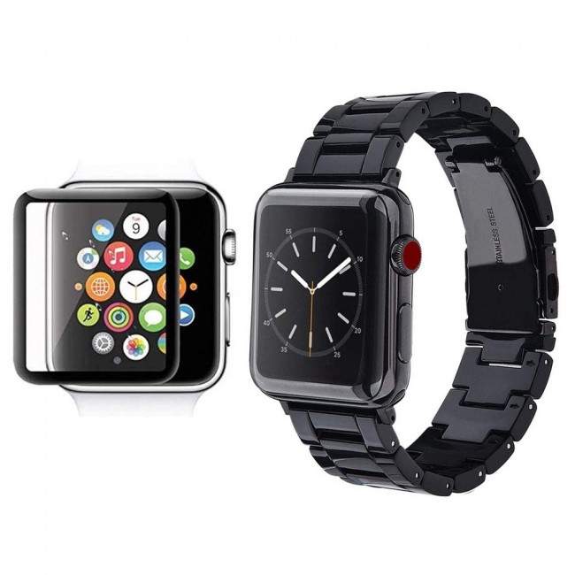2Pack Apple Watch Band Resin Strap with 3D Screen Protector 44mm by Margoun - Black
