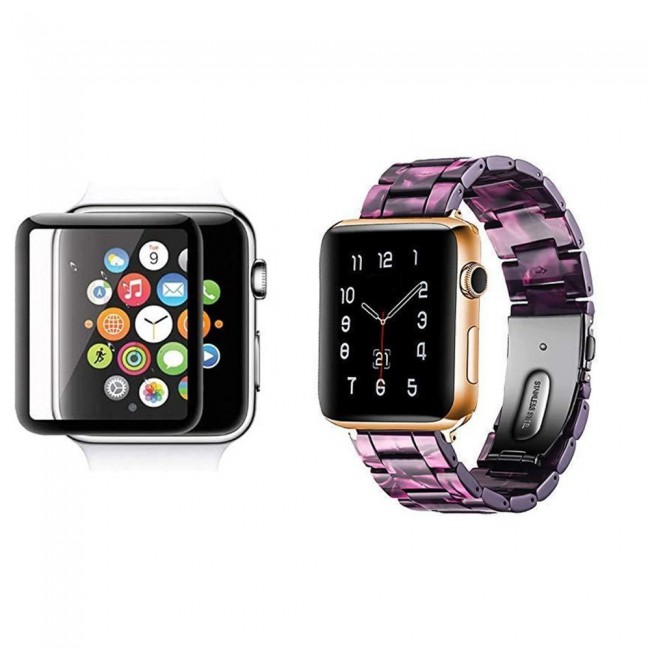 2Pack Apple Watch Band Resin Strap with 3D Screen Protector 44mm by Margoun - Marble Purple Black