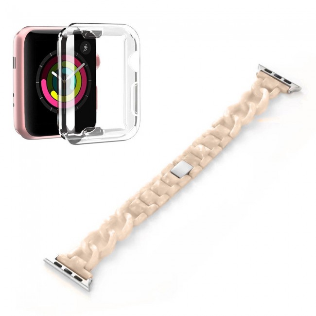 2Pack Apple Watch Band Chain Resin Design with Protective TPU Case 44mm by Margoun – Marble Cream White