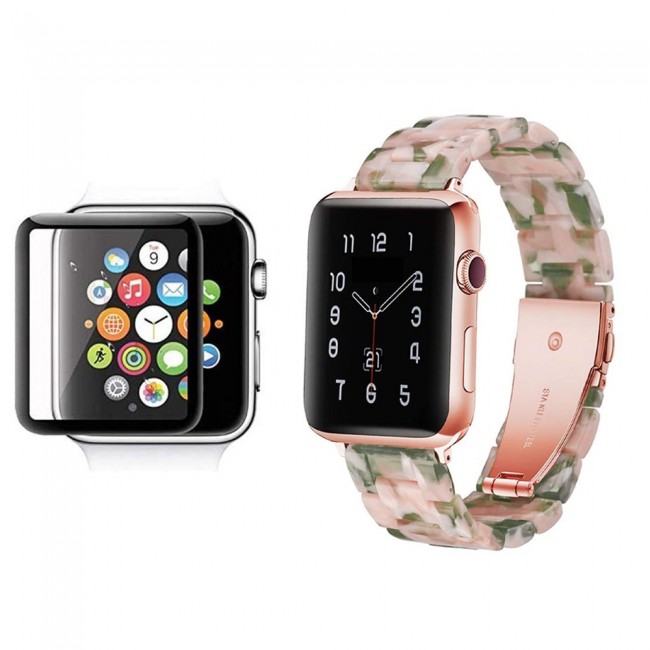 2Pack Apple Watch Band Resin Strap with 3D Screen Protector 44mm by Margoun - Marble Pink Green