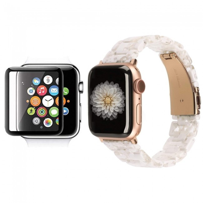 2Pack Apple Watch Band Resin Strap with 3D Screen Protector 44mm by Margoun - Marble Light Cream