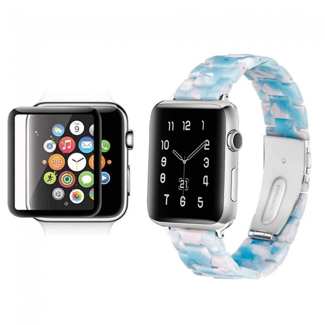 2Pack Apple Watch Band Resin Strap with 3D Screen Protector 44mm by Margoun - Marble White Blue
