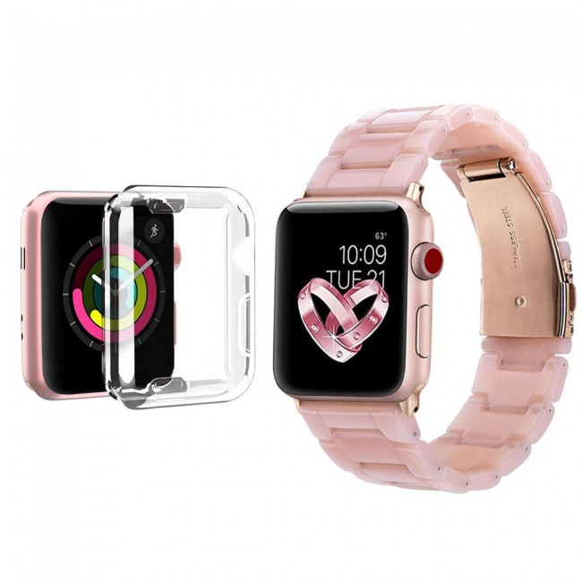 2Pack Apple Watch Band Resin Strap with TPU Protective Cover 44mm by Margoun - Marble Light Pink