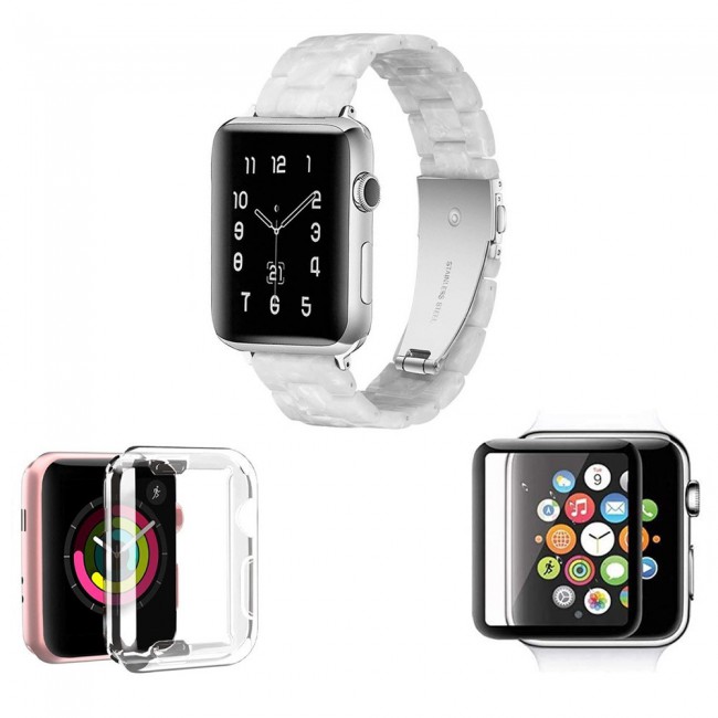3Pack Apple Watch Band Resin Strap with TPU Protective Cover and 3D Screen Protector 44mm by Margoun - Marble White