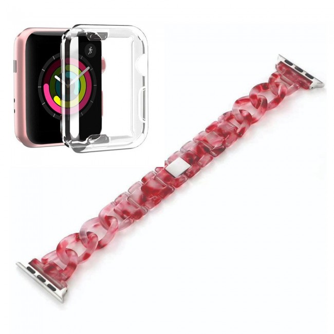 2Pack Apple Watch Band Chain Resin Design with Protective TPU Case 44mm by Margoun – Marble Red