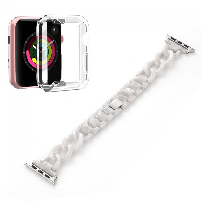 2Pack Apple Watch Band Chain Resin Design with Protective TPU Case 44mm by Margoun – Marble White Stone