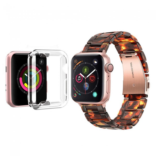 2Pack Apple Watch Band Resin Strap with TPU Protective Cover 44mm by Margoun - Marble Black Brown