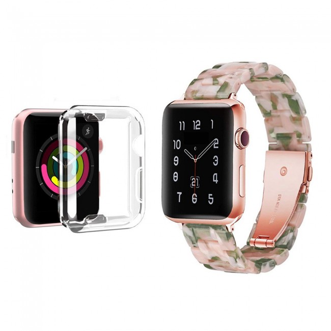 2Pack Apple Watch Band Resin Strap with TPU Protective Cover 44mm by Margoun - Marble Pink Green