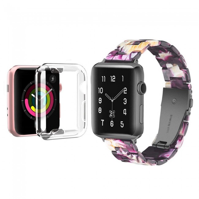 2Pack Apple Watch Band Resin Strap with TPU Protective Cover 44mm by Margoun - Purple Yellow Flower